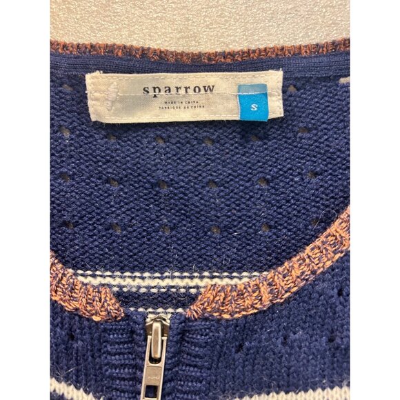 Anthropologie Sparrow Navy Zip Cardigan Sweater Floral & Striped Wool Mohair Sma - Picture 6 of 6